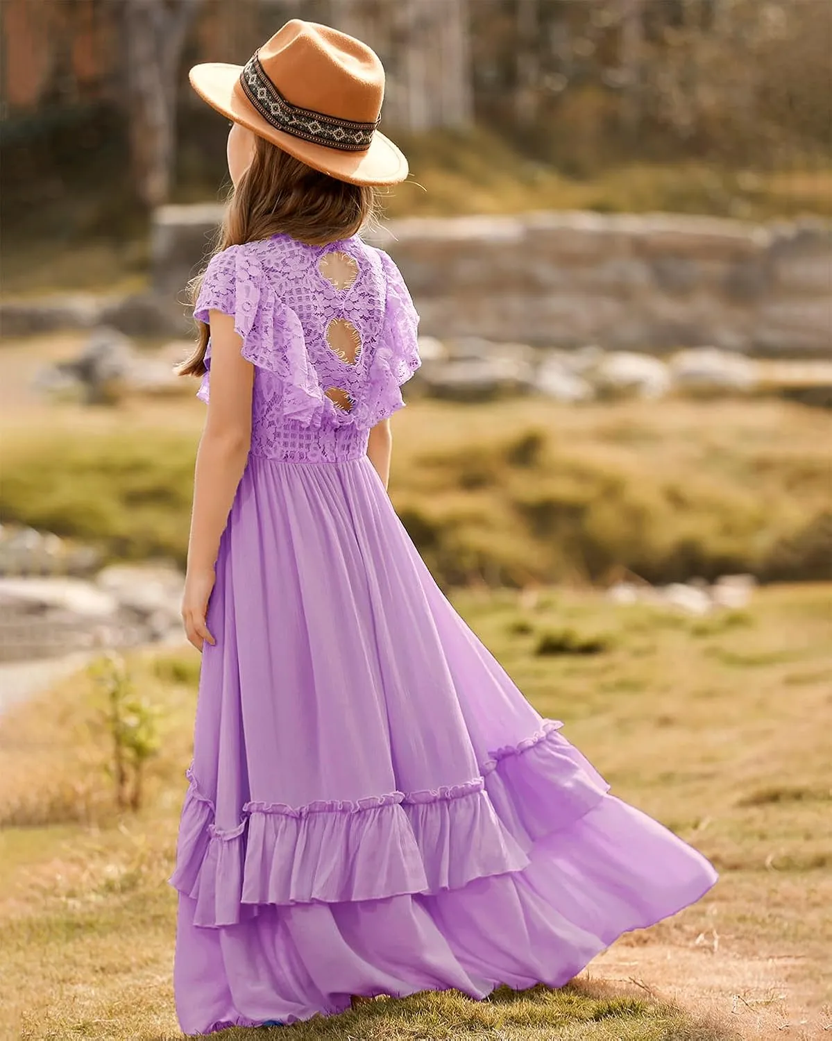 BIBIHOU Girls Lace Dress Boho Backless A Line High Low Hem Party Flower Girl Dress 6-14 Years
