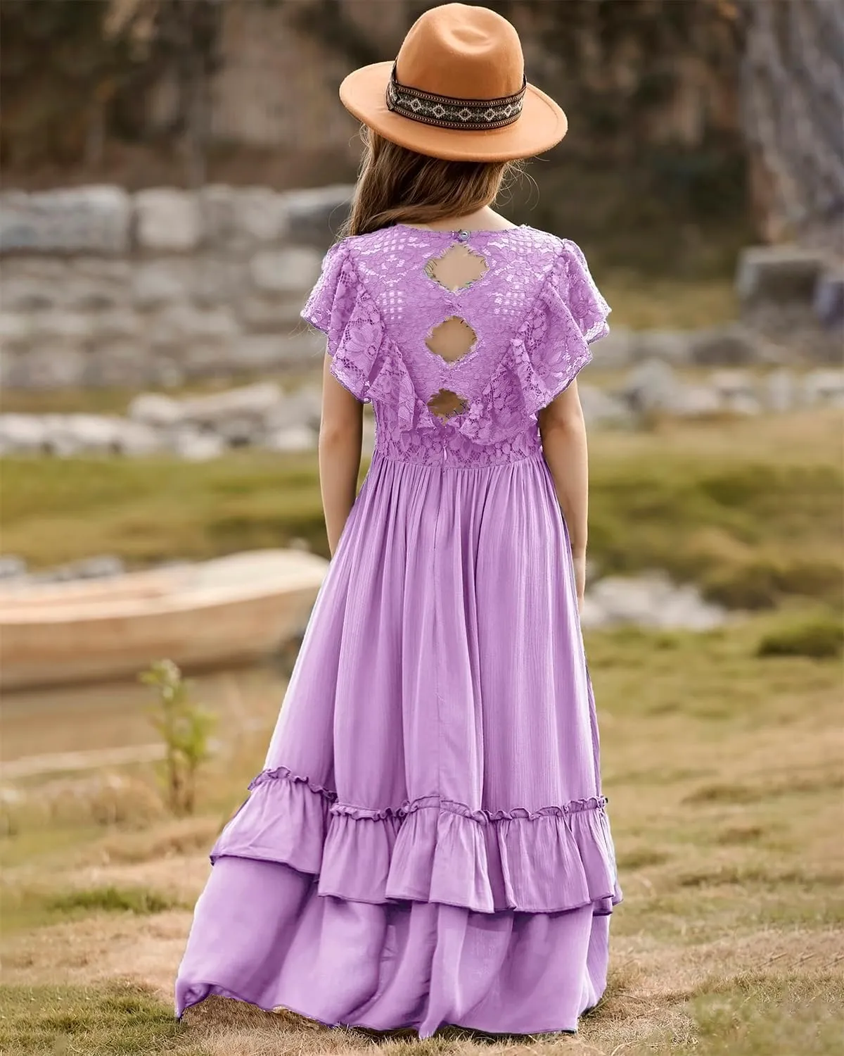 BIBIHOU Girls Lace Dress Boho Backless A Line High Low Hem Party Flower Girl Dress 6-14 Years