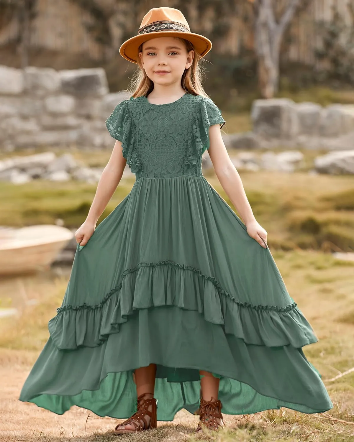 BIBIHOU Girls Lace Dress Boho Backless A Line High Low Hem Party Flower Girl Dress 6-14 Years