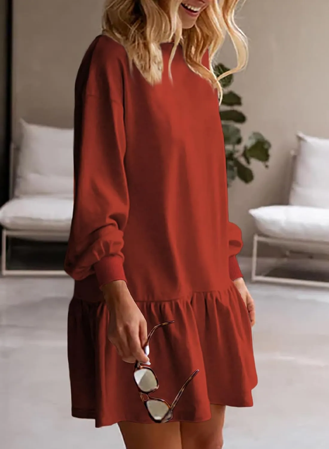 BLENCOT Womens 2025 Fall Long Sleeve Pullover Tops Crewneck Rib Knit Patchwork Sweatshirt Dress Casual Mini Dresses