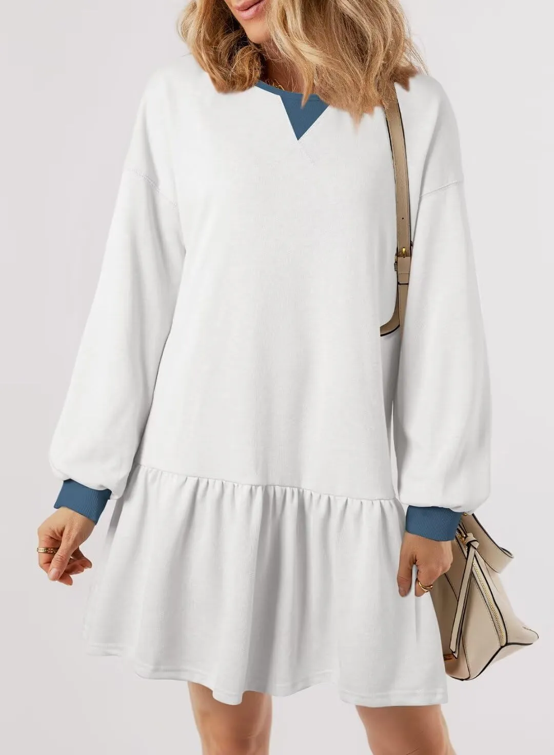 BLENCOT Womens 2025 Fall Long Sleeve Pullover Tops Crewneck Rib Knit Patchwork Sweatshirt Dress Casual Mini Dresses