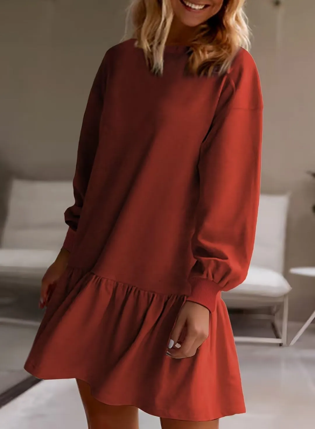 BLENCOT Womens 2025 Fall Long Sleeve Pullover Tops Crewneck Rib Knit Patchwork Sweatshirt Dress Casual Mini Dresses