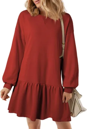 BLENCOT Womens 2025 Fall Long Sleeve Pullover Tops Crewneck Rib Knit Patchwork Sweatshirt Dress Casual Mini Dresses