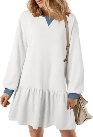 BLENCOT Womens 2025 Fall Long Sleeve Pullover Tops Crewneck Rib Knit Patchwork Sweatshirt Dress Casual Mini Dresses