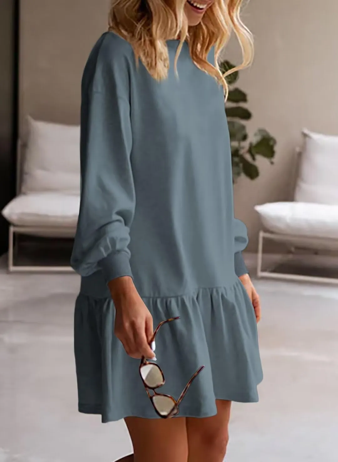BLENCOT Womens 2025 Fall Long Sleeve Pullover Tops Crewneck Rib Knit Patchwork Sweatshirt Dress Casual Mini Dresses