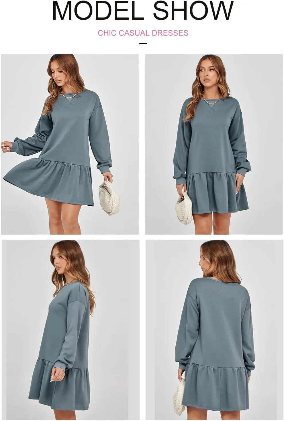 BLENCOT Womens 2025 Fall Long Sleeve Pullover Tops Crewneck Rib Knit Patchwork Sweatshirt Dress Casual Mini Dresses