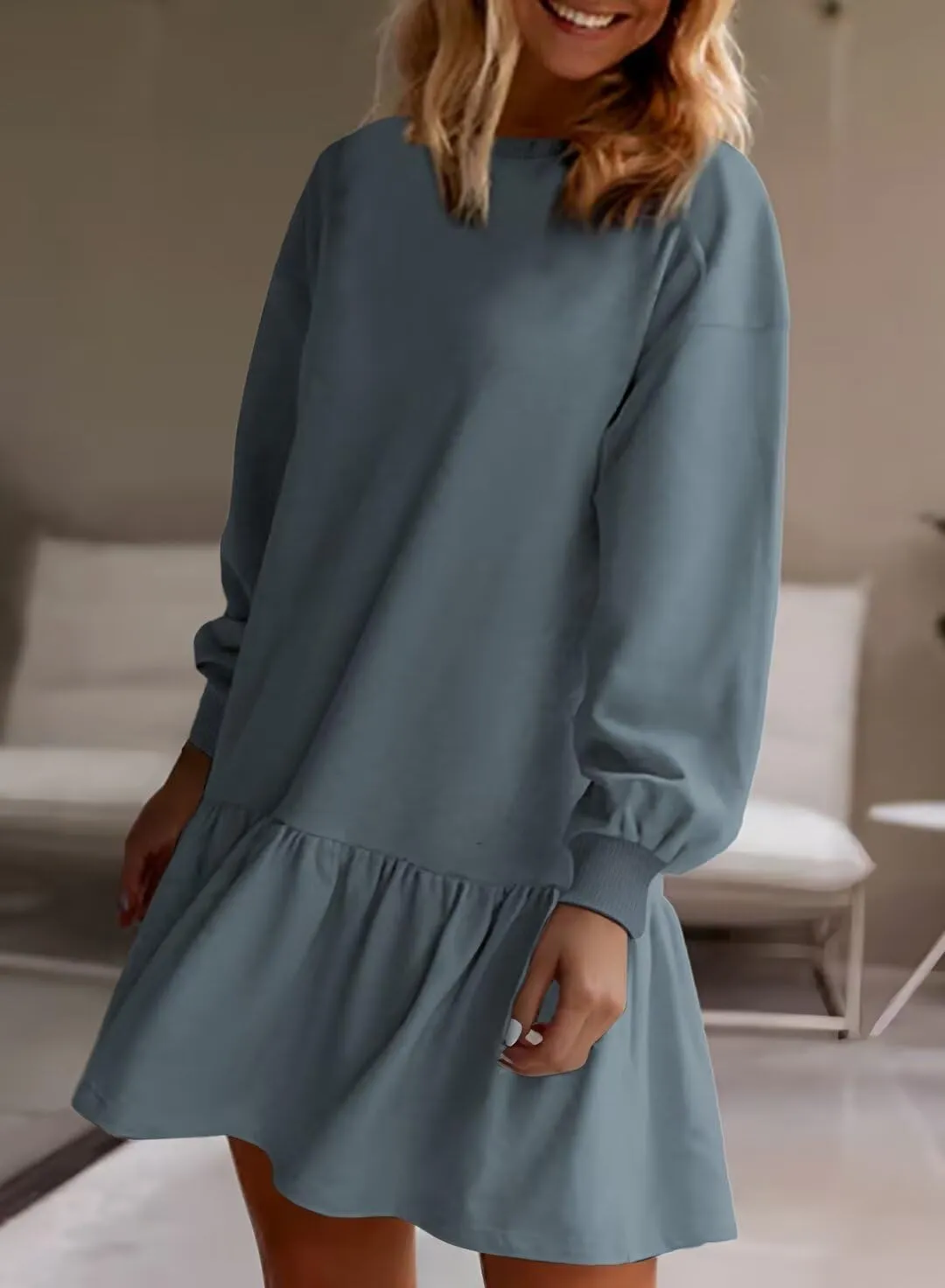 BLENCOT Womens 2025 Fall Long Sleeve Pullover Tops Crewneck Rib Knit Patchwork Sweatshirt Dress Casual Mini Dresses