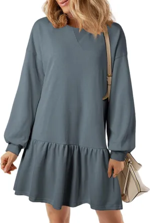 BLENCOT Womens 2025 Fall Long Sleeve Pullover Tops Crewneck Rib Knit Patchwork Sweatshirt Dress Casual Mini Dresses