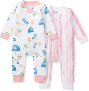Burt's Bees Baby Baby Girls' Sleep and Play Pjs, 100% Organic Cotton One-Piece Romper Jumpsuit Zip Front Pajamas, Santorini Beach 2-pk, 3-6 Months