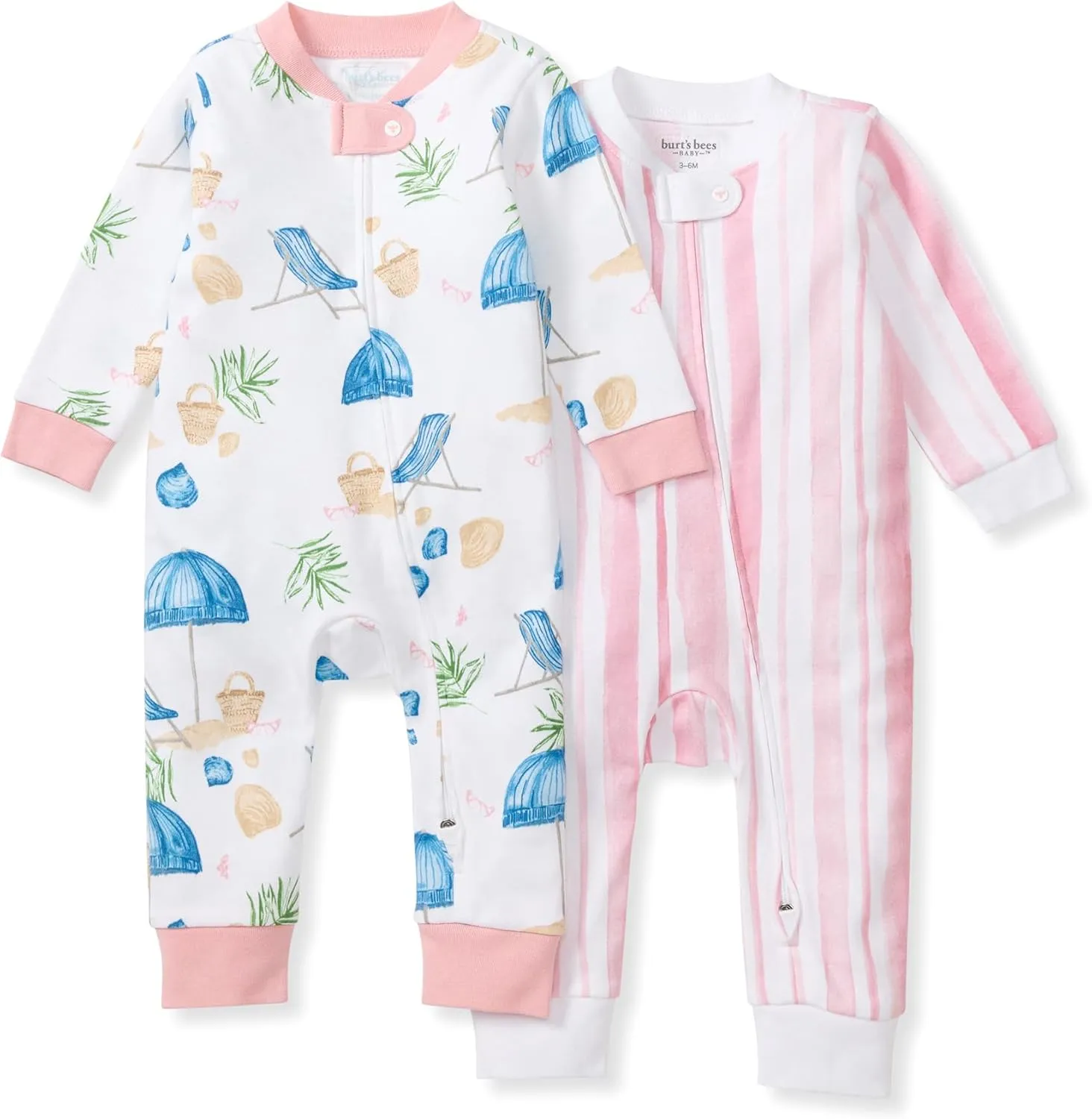 Burt's Bees Baby Baby Girls' Sleep and Play Pjs, 100% Organic Cotton One-Piece Romper Jumpsuit Zip Front Pajamas, Santorini Beach 2-pk, 3-6 Months