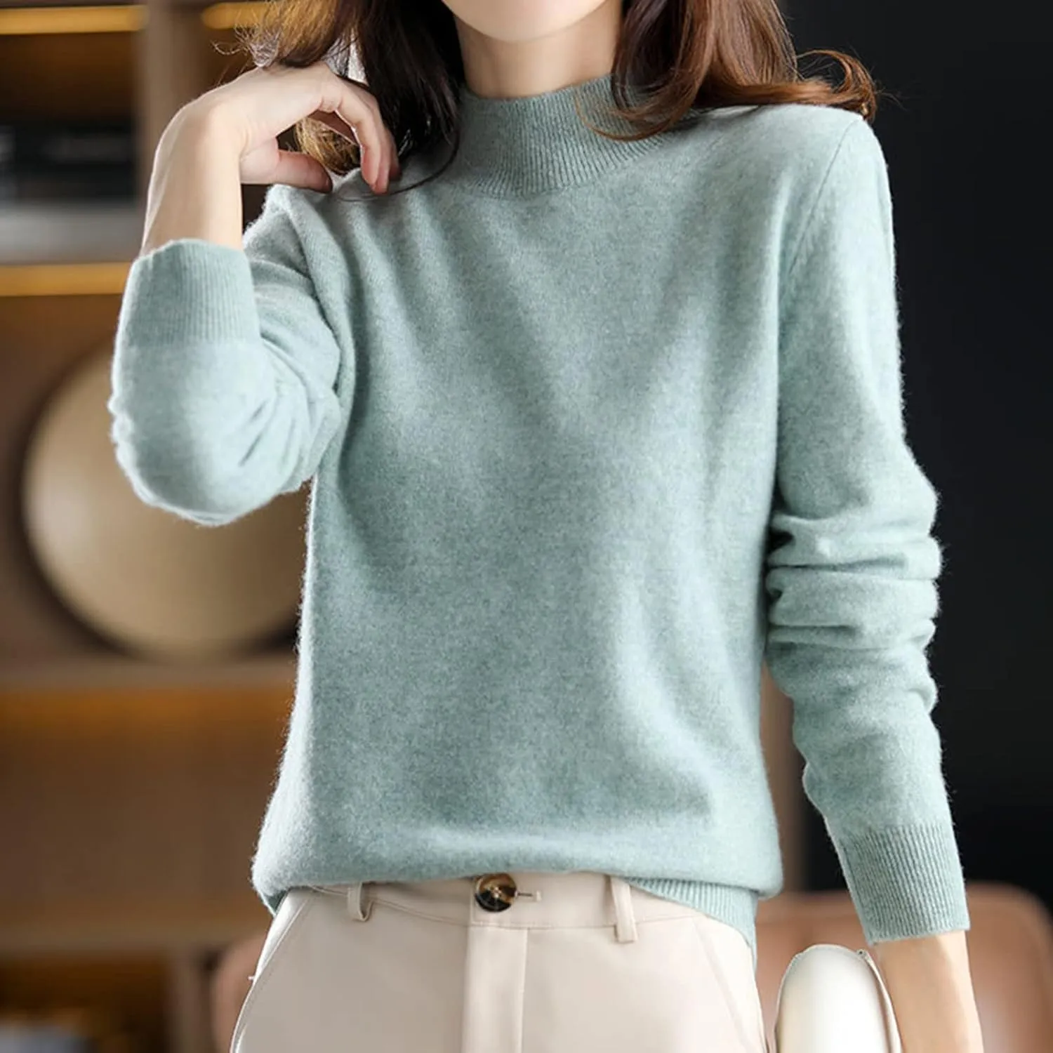Cashmere Sweaters for Women Mock Neck Long Sleeve Lightweight Sweater Fall Knit Trendy Fitted Pullover Soft Comfy Sweater Top
