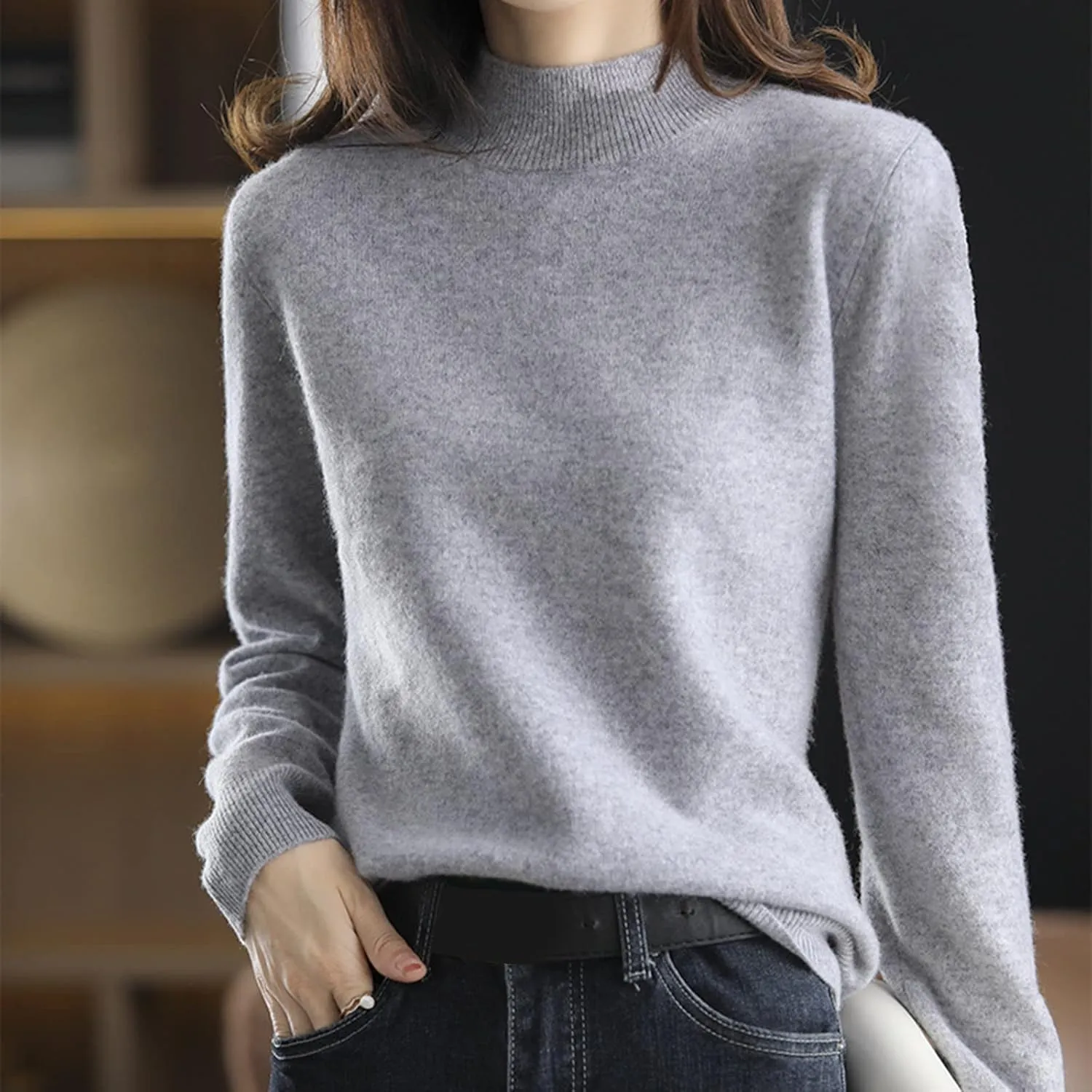 Cashmere Sweaters for Women Mock Neck Long Sleeve Lightweight Sweater Fall Knit Trendy Fitted Pullover Soft Comfy Sweater Top