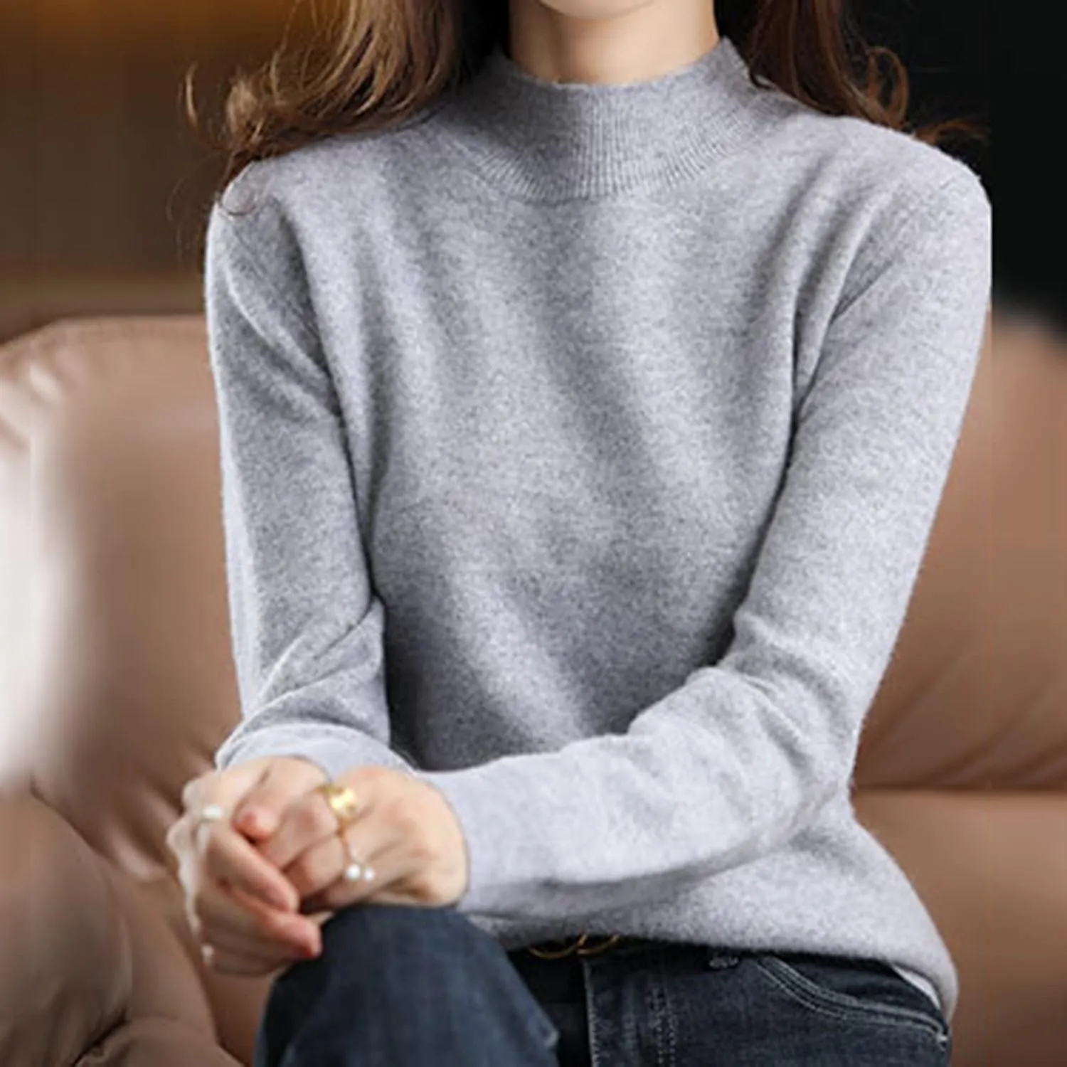 Cashmere Sweaters for Women Mock Neck Long Sleeve Lightweight Sweater Fall Knit Trendy Fitted Pullover Soft Comfy Sweater Top