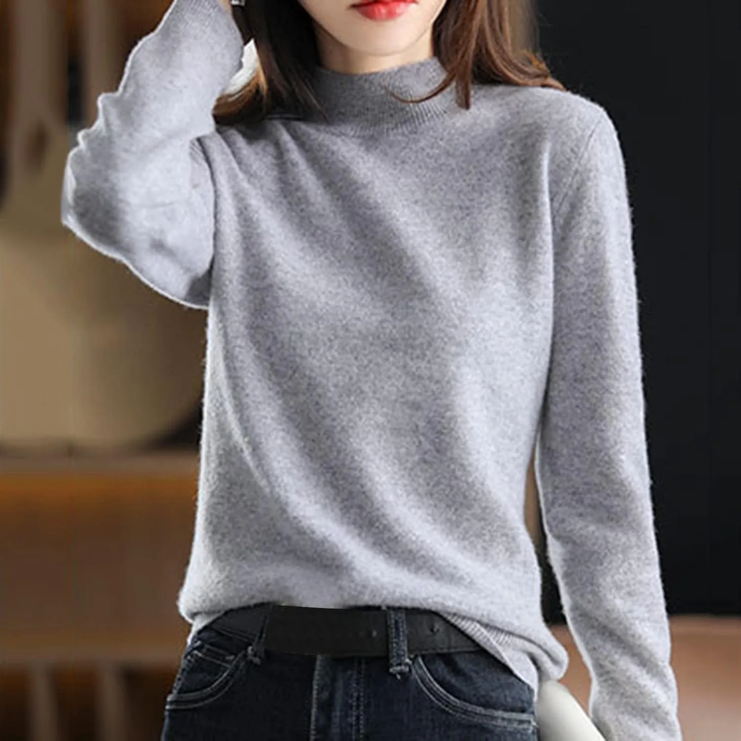 Cashmere Sweaters for Women Mock Neck Long Sleeve Lightweight Sweater Fall Knit Trendy Fitted Pullover Soft Comfy Sweater Top