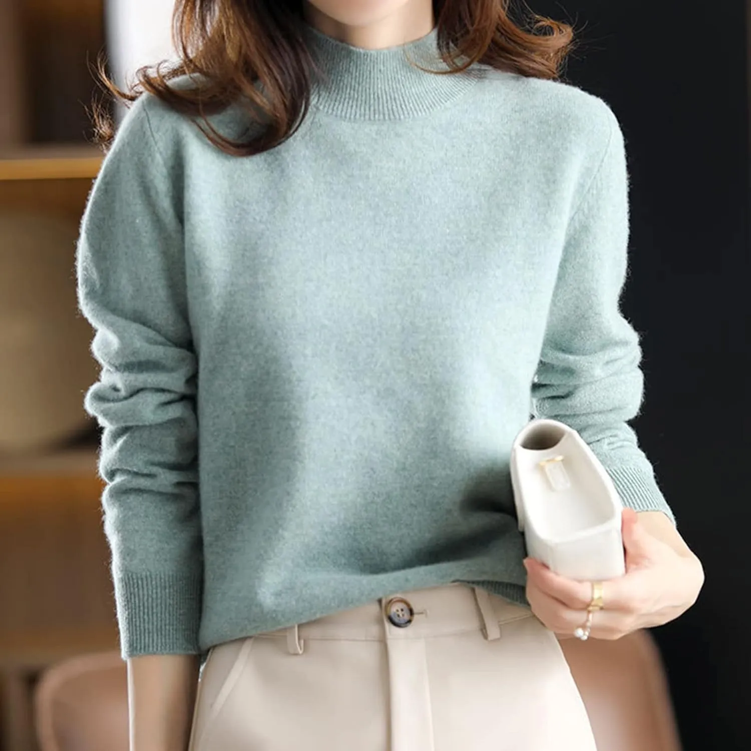 Cashmere Sweaters for Women Mock Neck Long Sleeve Lightweight Sweater Fall Knit Trendy Fitted Pullover Soft Comfy Sweater Top