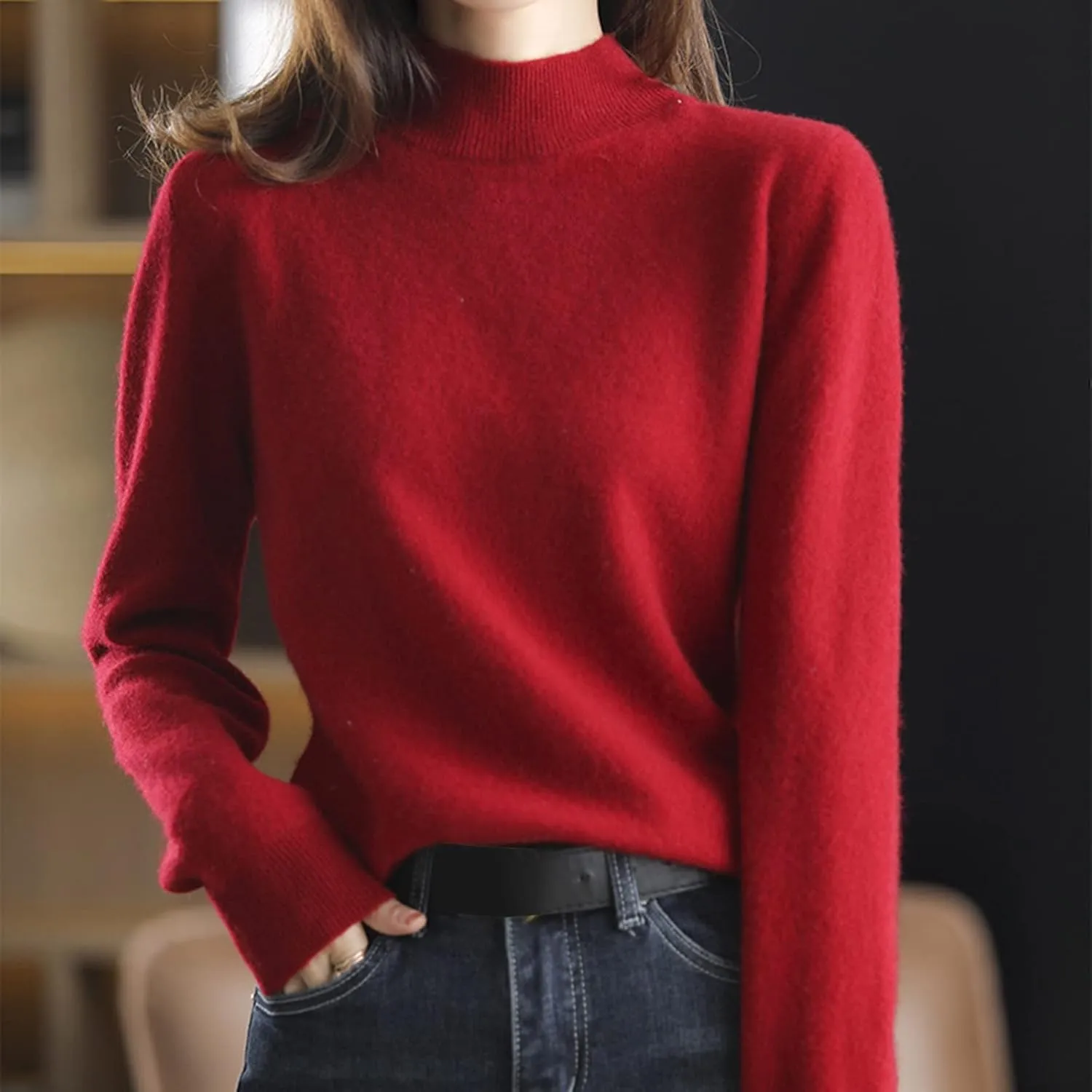 Cashmere Sweaters for Women Mock Neck Long Sleeve Lightweight Sweater Fall Knit Trendy Fitted Pullover Soft Comfy Sweater Top
