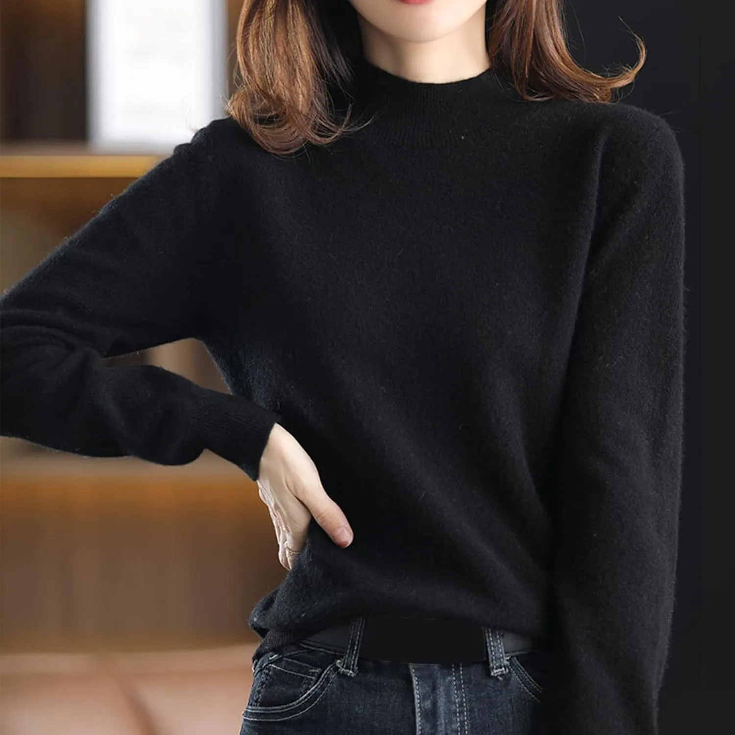 Cashmere Sweaters for Women Mock Neck Long Sleeve Lightweight Sweater Fall Knit Trendy Fitted Pullover Soft Comfy Sweater Top