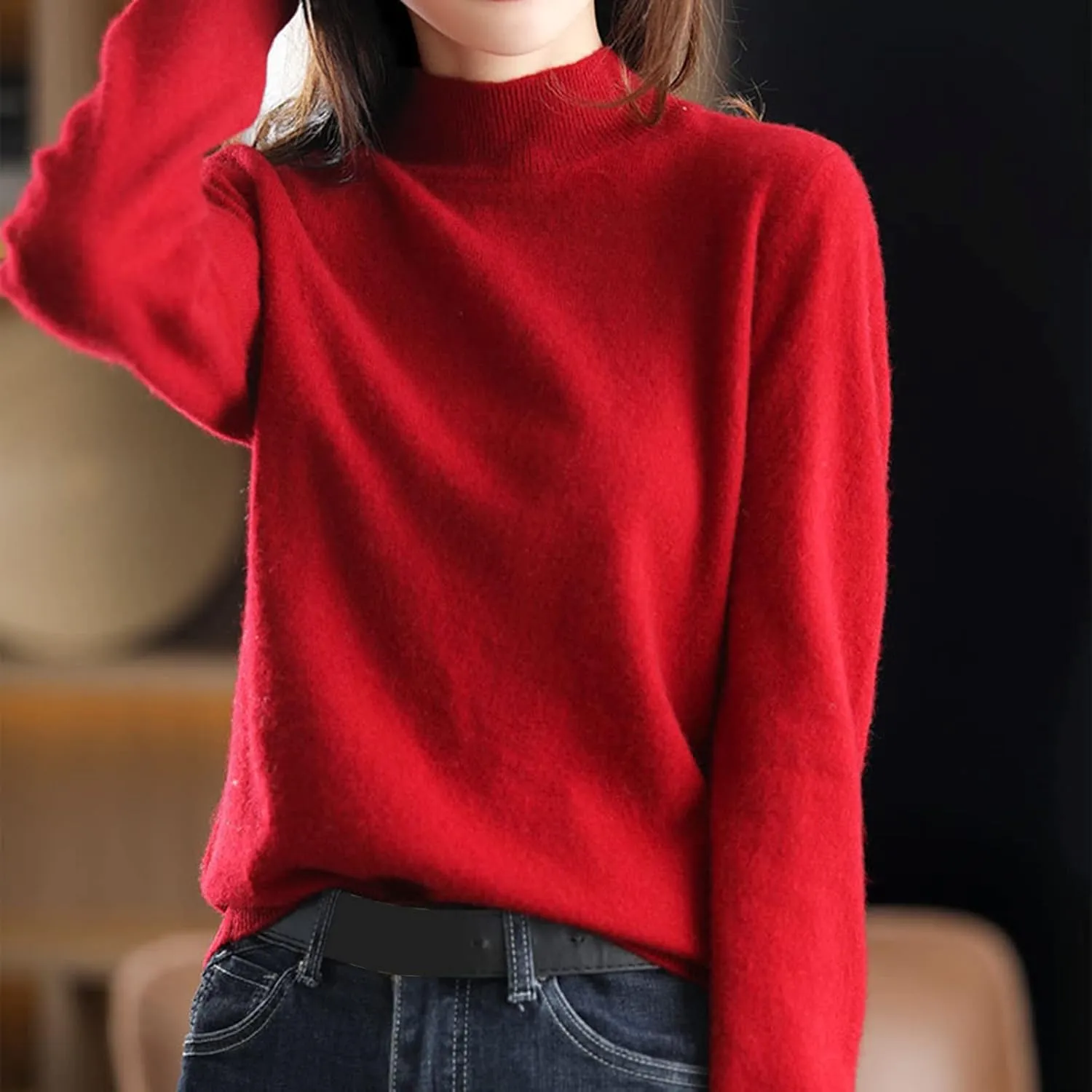 Cashmere Sweaters for Women Mock Neck Long Sleeve Lightweight Sweater Fall Knit Trendy Fitted Pullover Soft Comfy Sweater Top