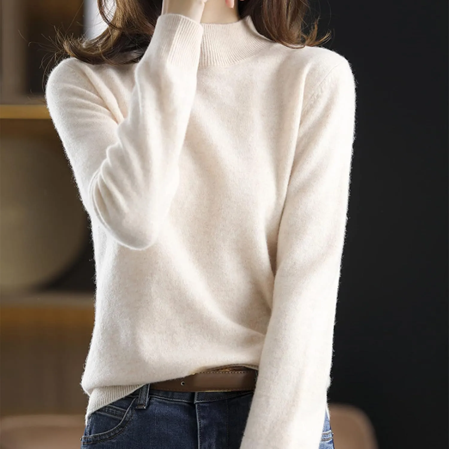 Cashmere Sweaters for Women Mock Neck Long Sleeve Lightweight Sweater Fall Knit Trendy Fitted Pullover Soft Comfy Sweater Top