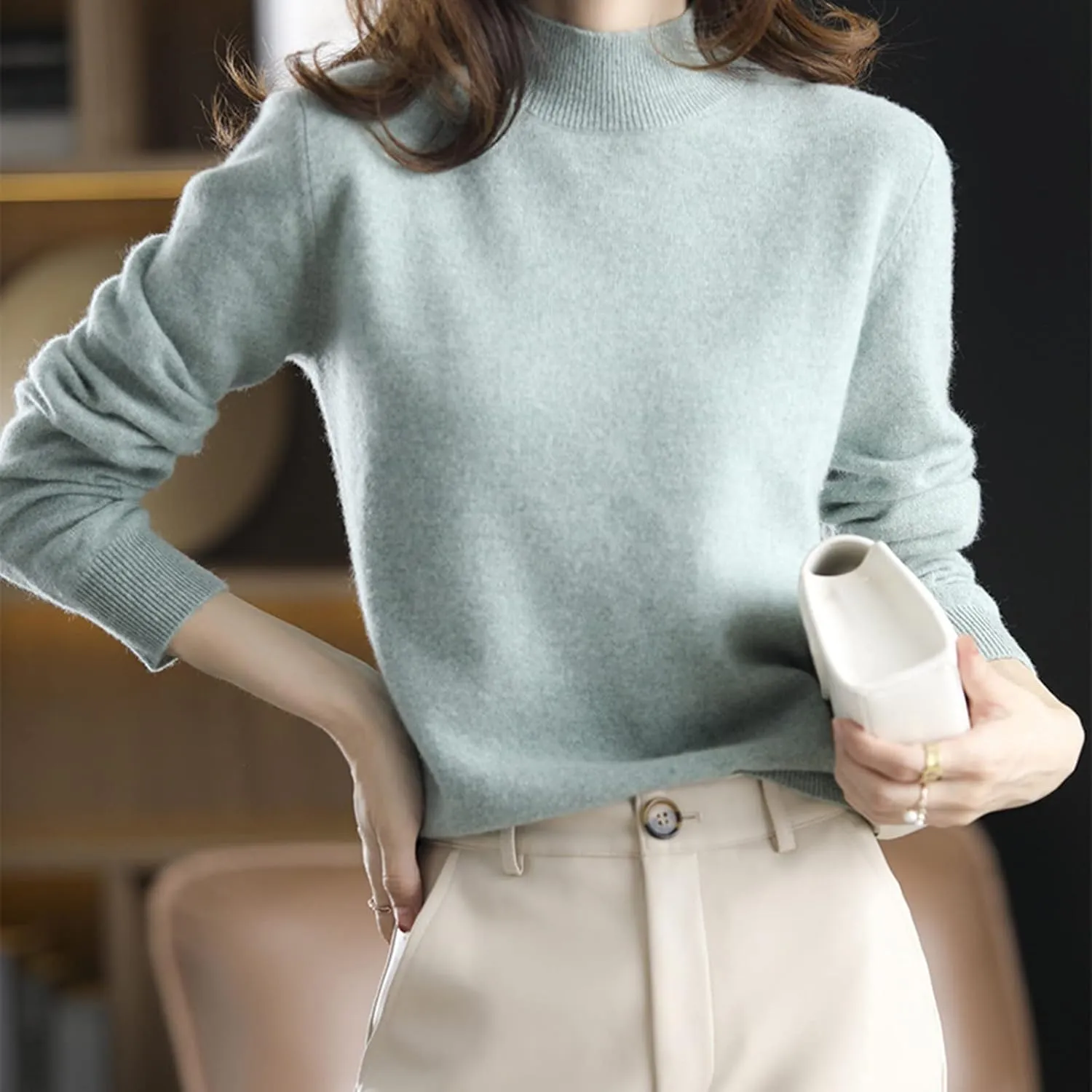 Cashmere Sweaters for Women Mock Neck Long Sleeve Lightweight Sweater Fall Knit Trendy Fitted Pullover Soft Comfy Sweater Top