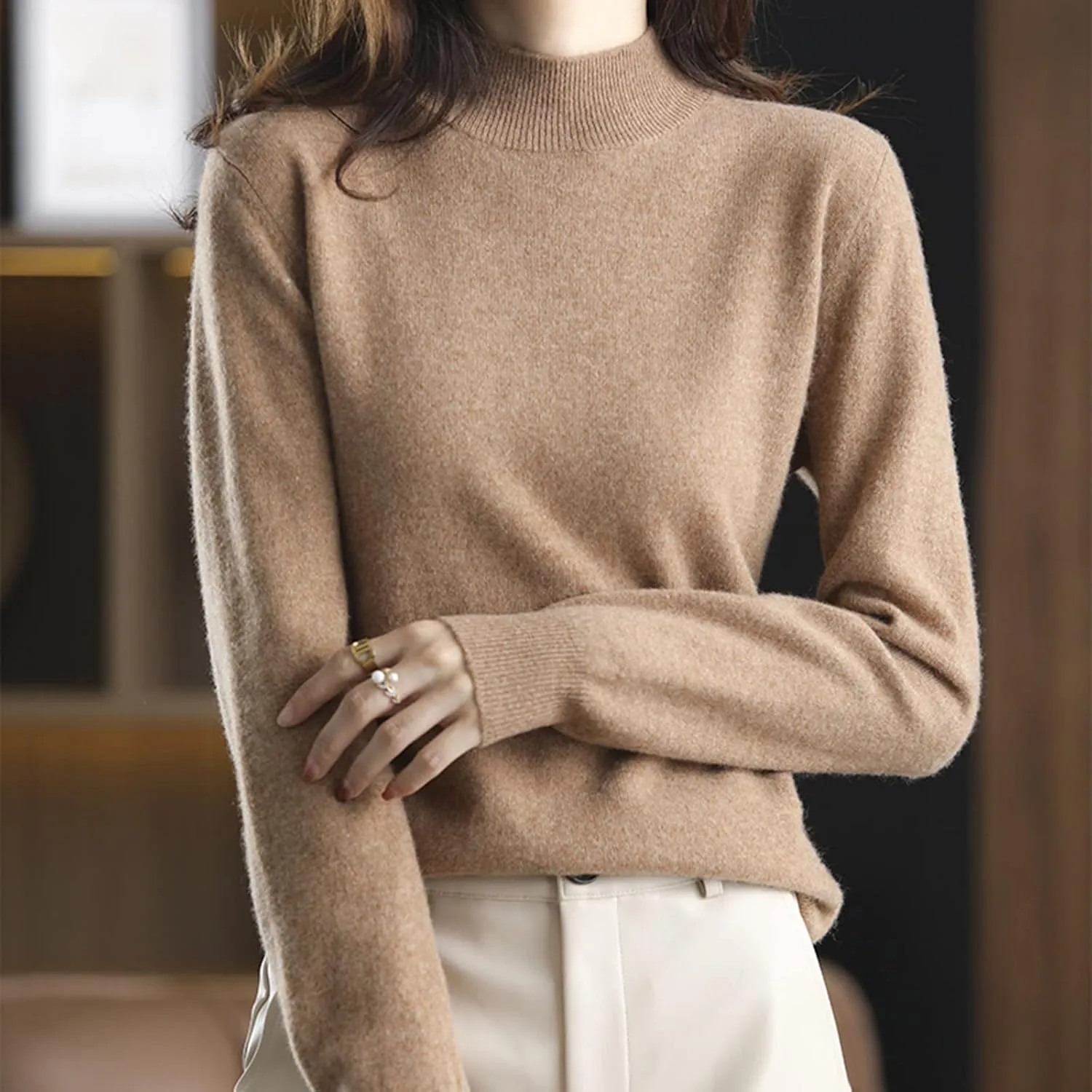 Cashmere Sweaters for Women Mock Neck Long Sleeve Lightweight Sweater Fall Knit Trendy Fitted Pullover Soft Comfy Sweater Top