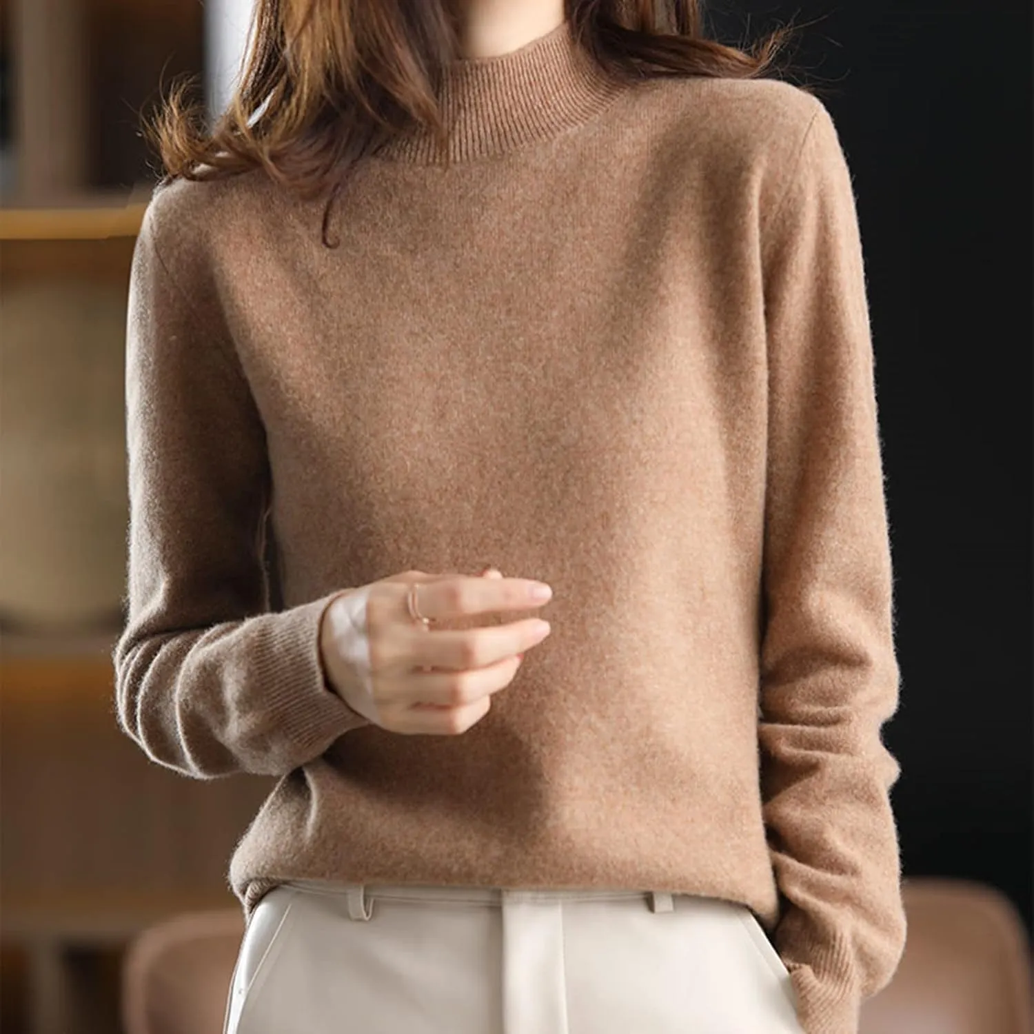 Cashmere Sweaters for Women Mock Neck Long Sleeve Lightweight Sweater Fall Knit Trendy Fitted Pullover Soft Comfy Sweater Top