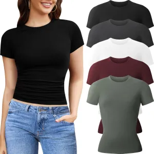 CE' CERDR 3/5 Pack Womens T Shirts Crew Neck Short Sleeve Shirts for Women Casual Basic Fitted Stretchy Tee Tops