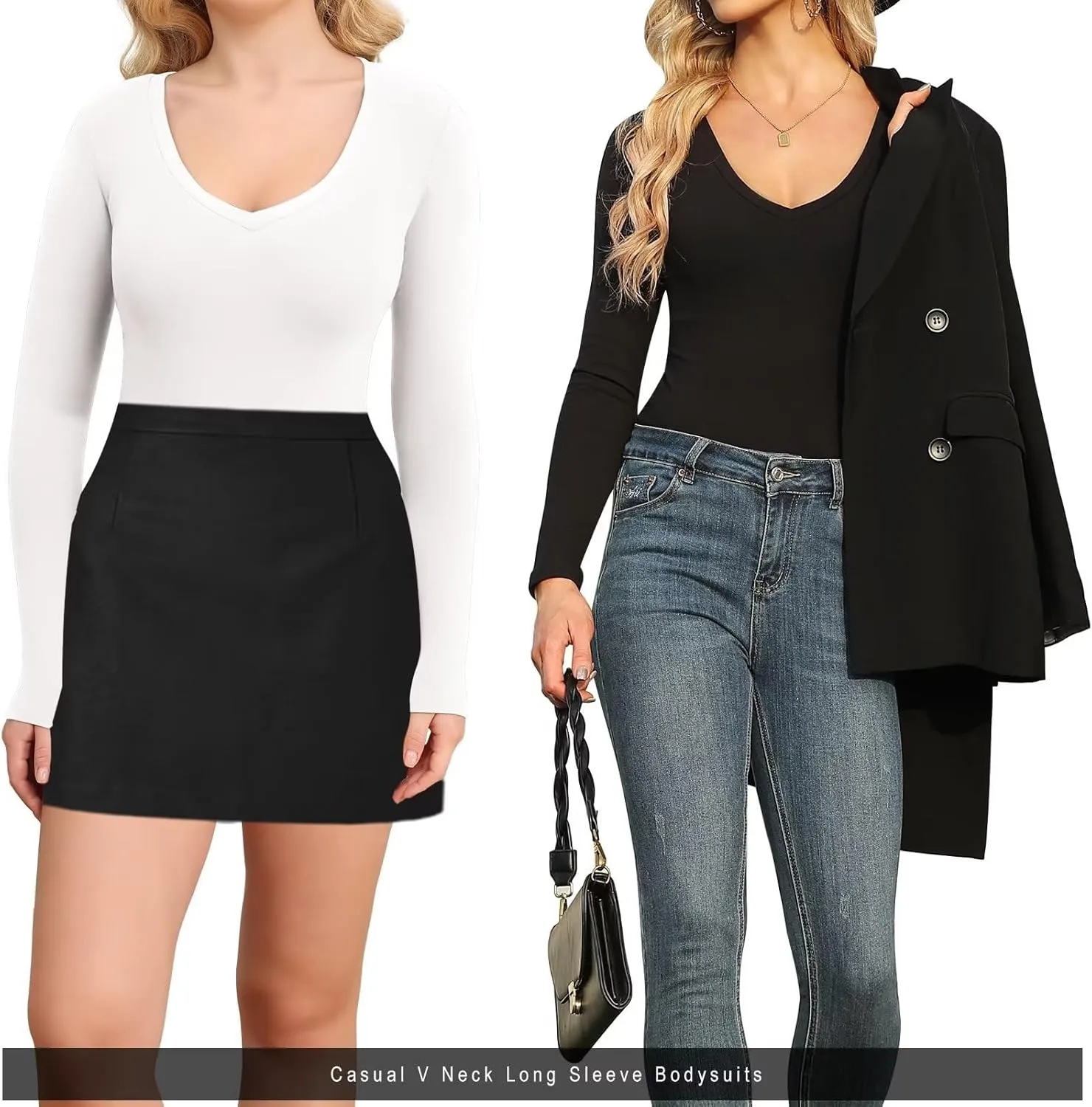 CE' CERDR 4/5 Pack Long Sleeve Bodysuits for Women Deep V Neck Stretchy Basic Body Suit Tops