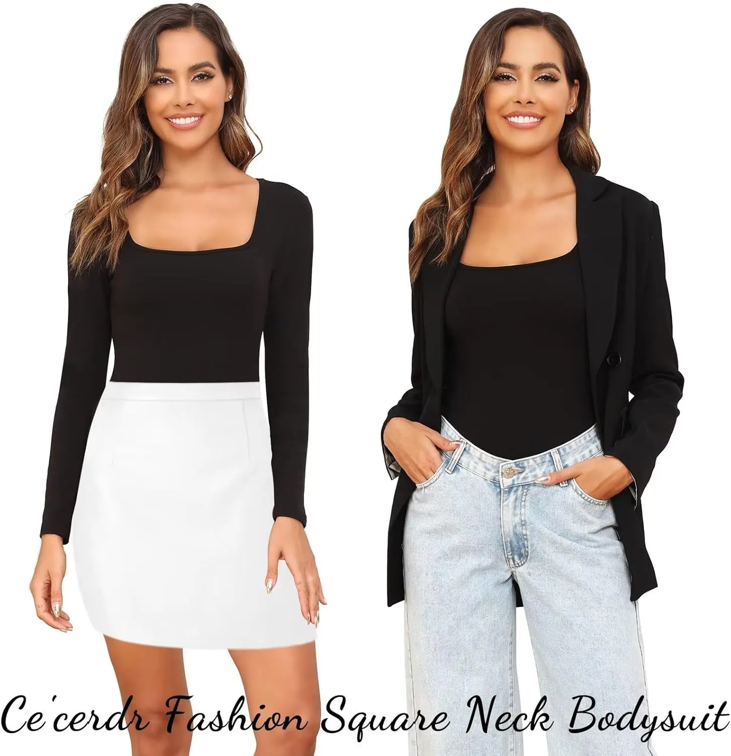 CE' CERDR 4/5 Pack Long Sleeve Bodysuits for Women Square Neck Body Suit Stretchy Tops