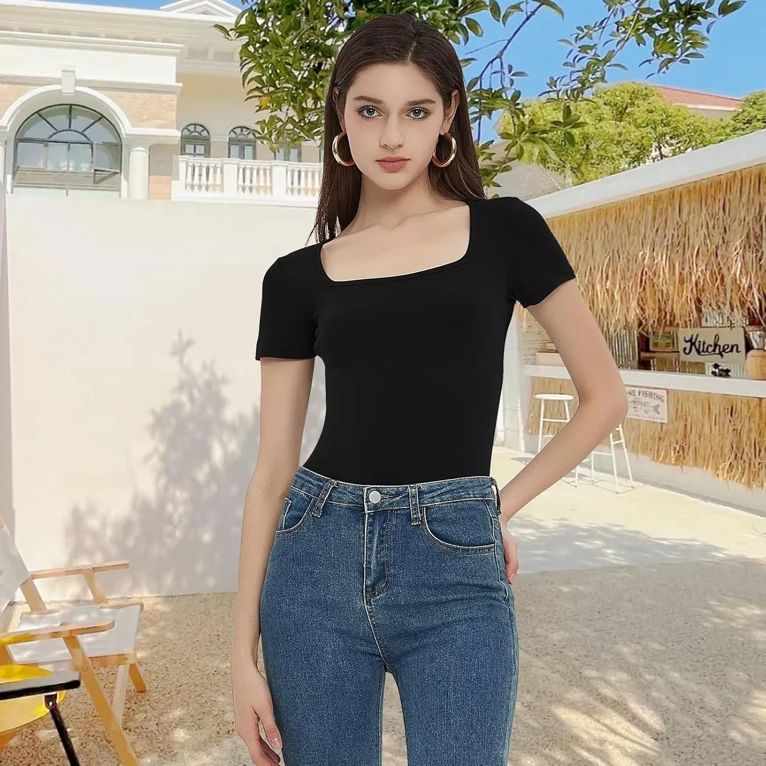 CE' CERDR Women’s 5 Pack Short Sleeve Bodysuits Square Neck T-shirt Basic Casual Tops Body suit