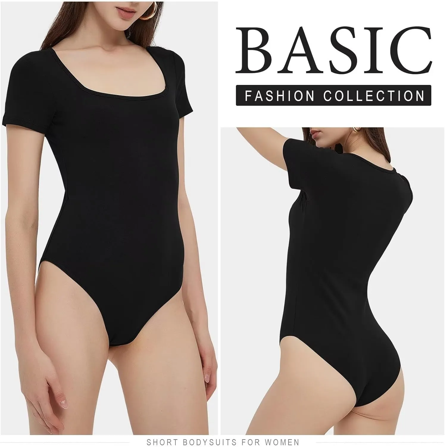 CE' CERDR Women’s 5 Pack Short Sleeve Bodysuits Square Neck T-shirt Basic Casual Tops Body suit