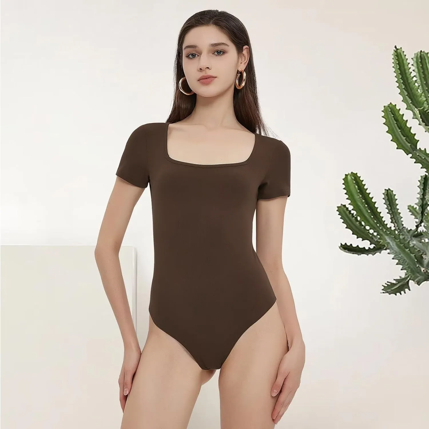 CE' CERDR Women’s 5 Pack Short Sleeve Bodysuits Square Neck T-shirt Basic Casual Tops Body suit
