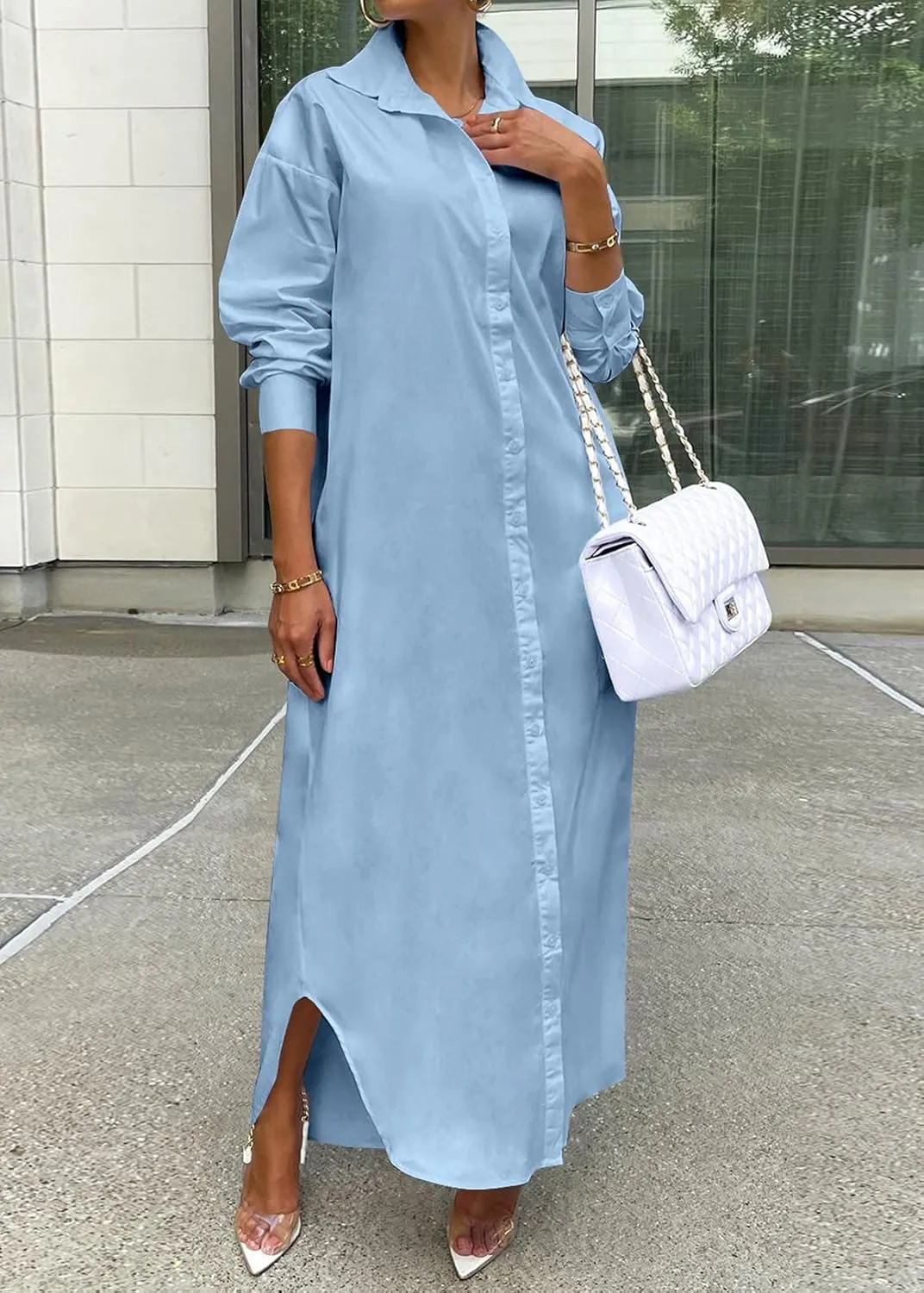 Choichic Shirt Dresses for Women Casual Long Sleeve Cotton Button Down Maxi Dresses