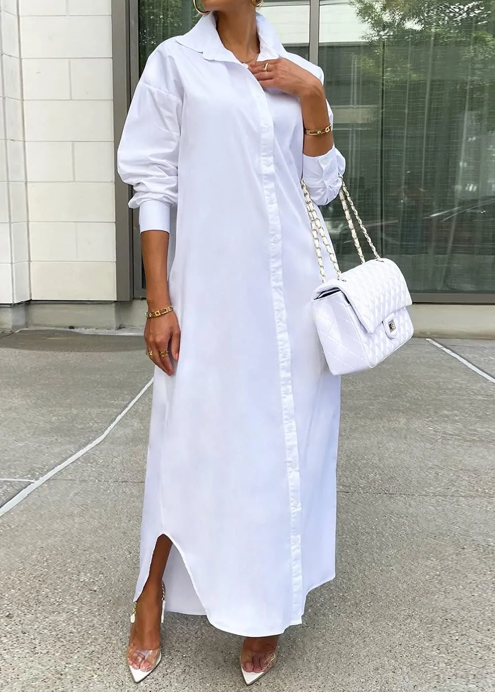 Choichic Shirt Dresses for Women Casual Long Sleeve Cotton Button Down Maxi Dresses