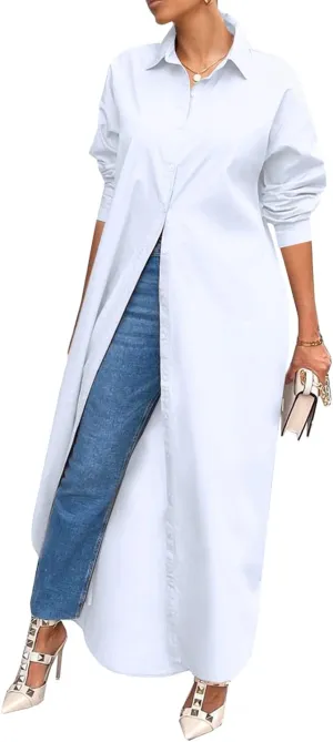 Choichic Shirt Dresses for Women Casual Long Sleeve Cotton Button Down Maxi Dresses