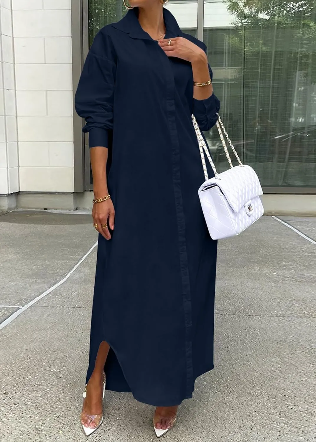 Choichic Shirt Dresses for Women Casual Long Sleeve Cotton Button Down Maxi Dresses