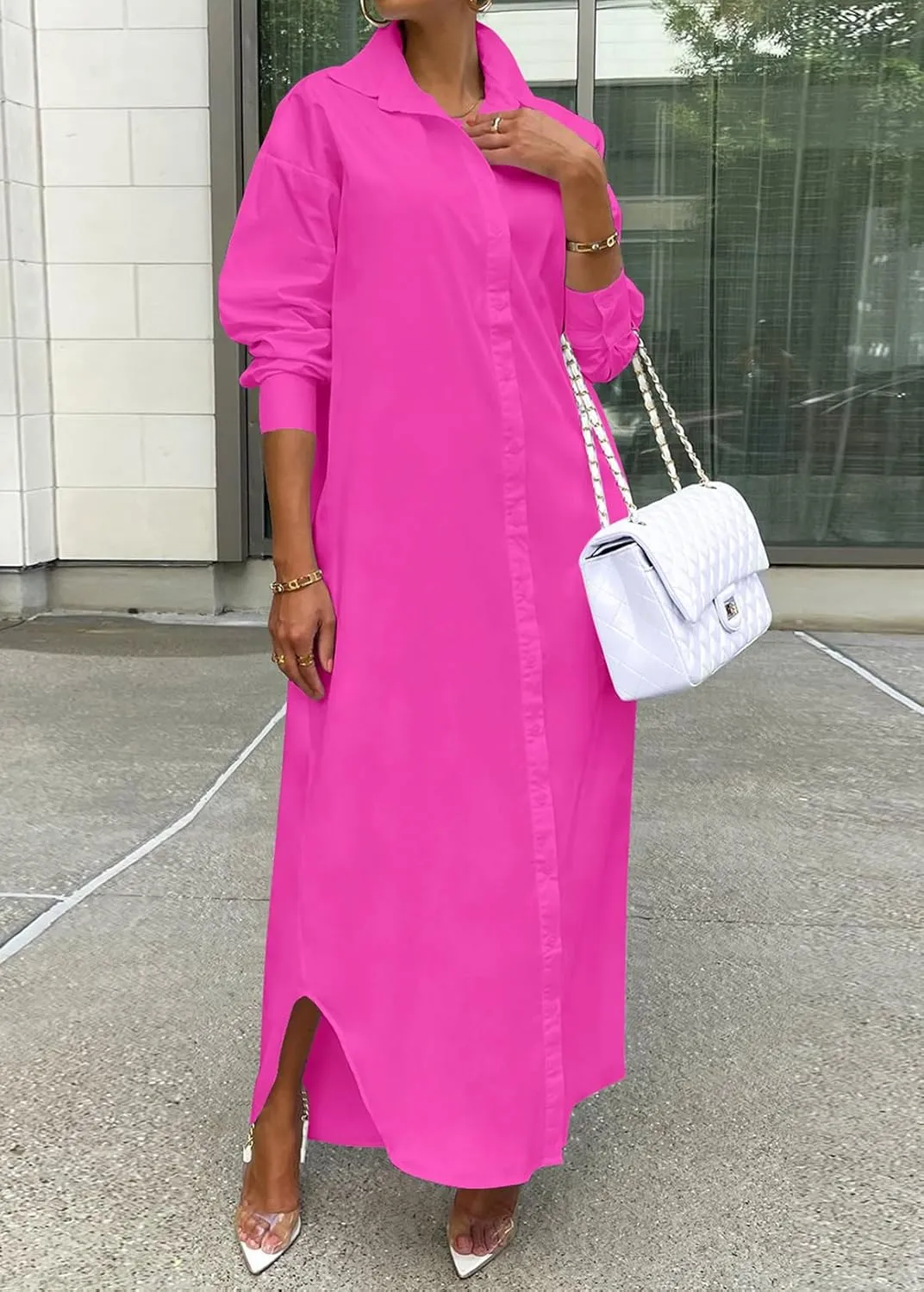 Choichic Shirt Dresses for Women Casual Long Sleeve Cotton Button Down Maxi Dresses