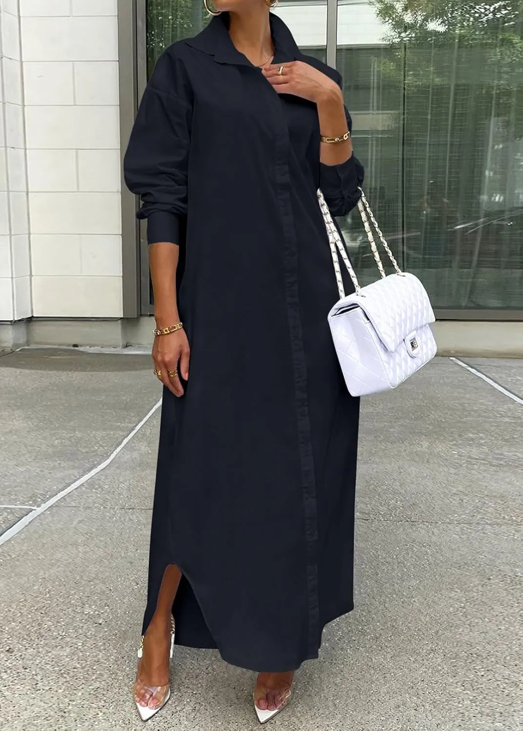 Choichic Shirt Dresses for Women Casual Long Sleeve Cotton Button Down Maxi Dresses
