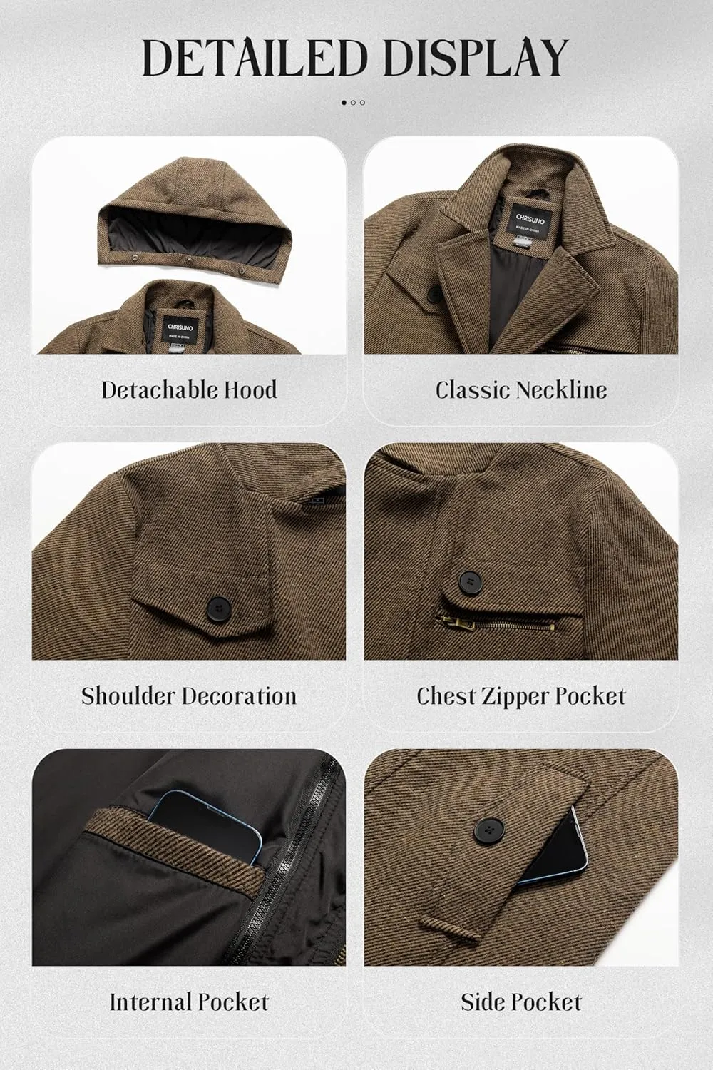 Chrisuno Men's Classic Long Pea Coat Warm Wool Blend Winter Trench Coat Single Breasted Overcoat with Detachable Collar