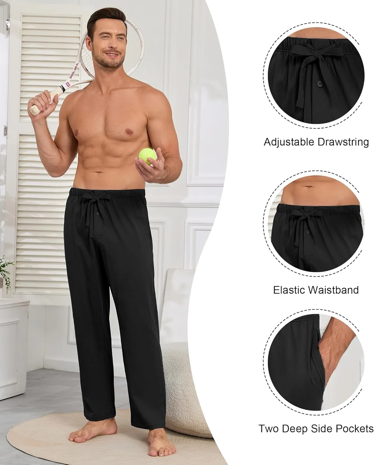 COLORFULLEAF 100% Cotton Mens Pajama Pants Lightweight Sleep Lounge Bottoms Elastic Waistband Button Fly With Pockets