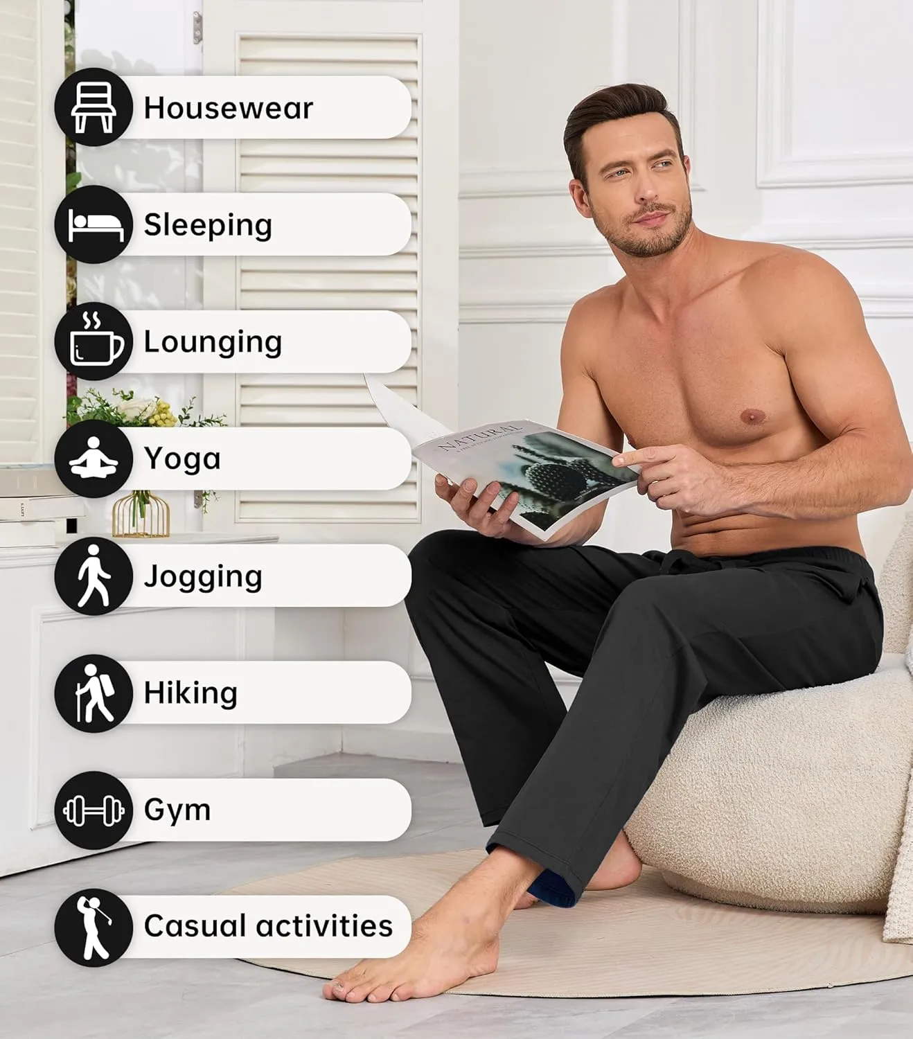 COLORFULLEAF 100% Cotton Mens Pajama Pants Lightweight Sleep Lounge Bottoms Elastic Waistband Button Fly With Pockets