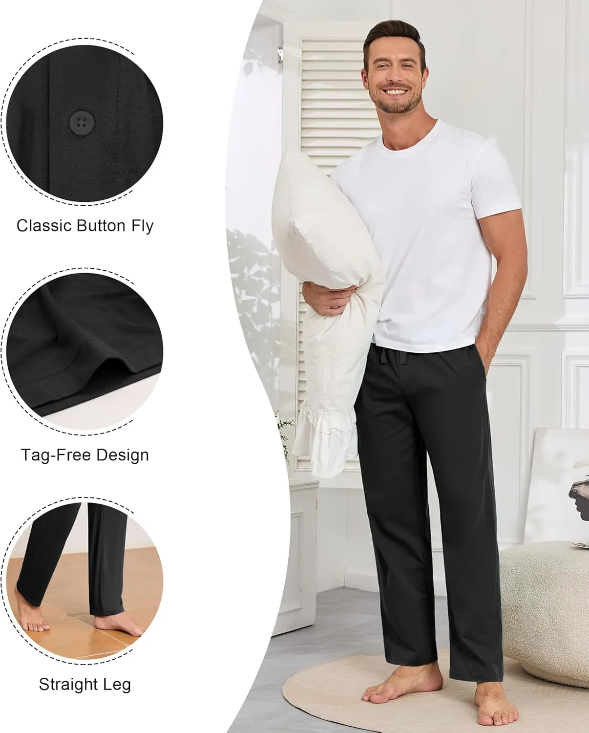 COLORFULLEAF 100% Cotton Mens Pajama Pants Lightweight Sleep Lounge Bottoms Elastic Waistband Button Fly With Pockets