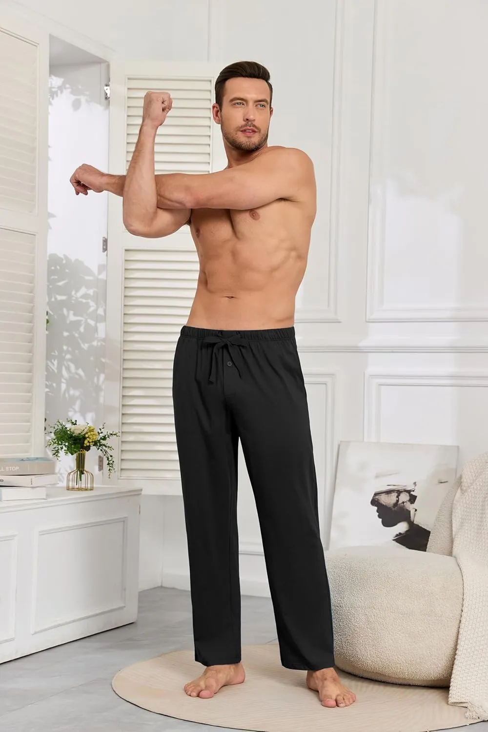 COLORFULLEAF 100% Cotton Mens Pajama Pants Lightweight Sleep Lounge Bottoms Elastic Waistband Button Fly With Pockets