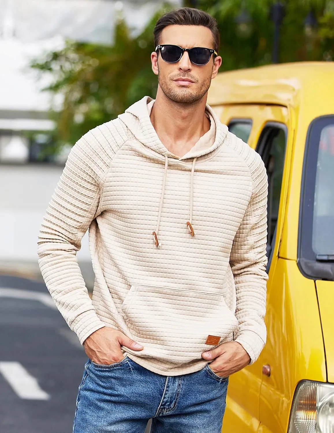 COOFANDY Mens Hoodies Pullover Casaul Long Sleeve Drawstring Waffle Knit Hooded Sweatshirt with Kanga Pocket