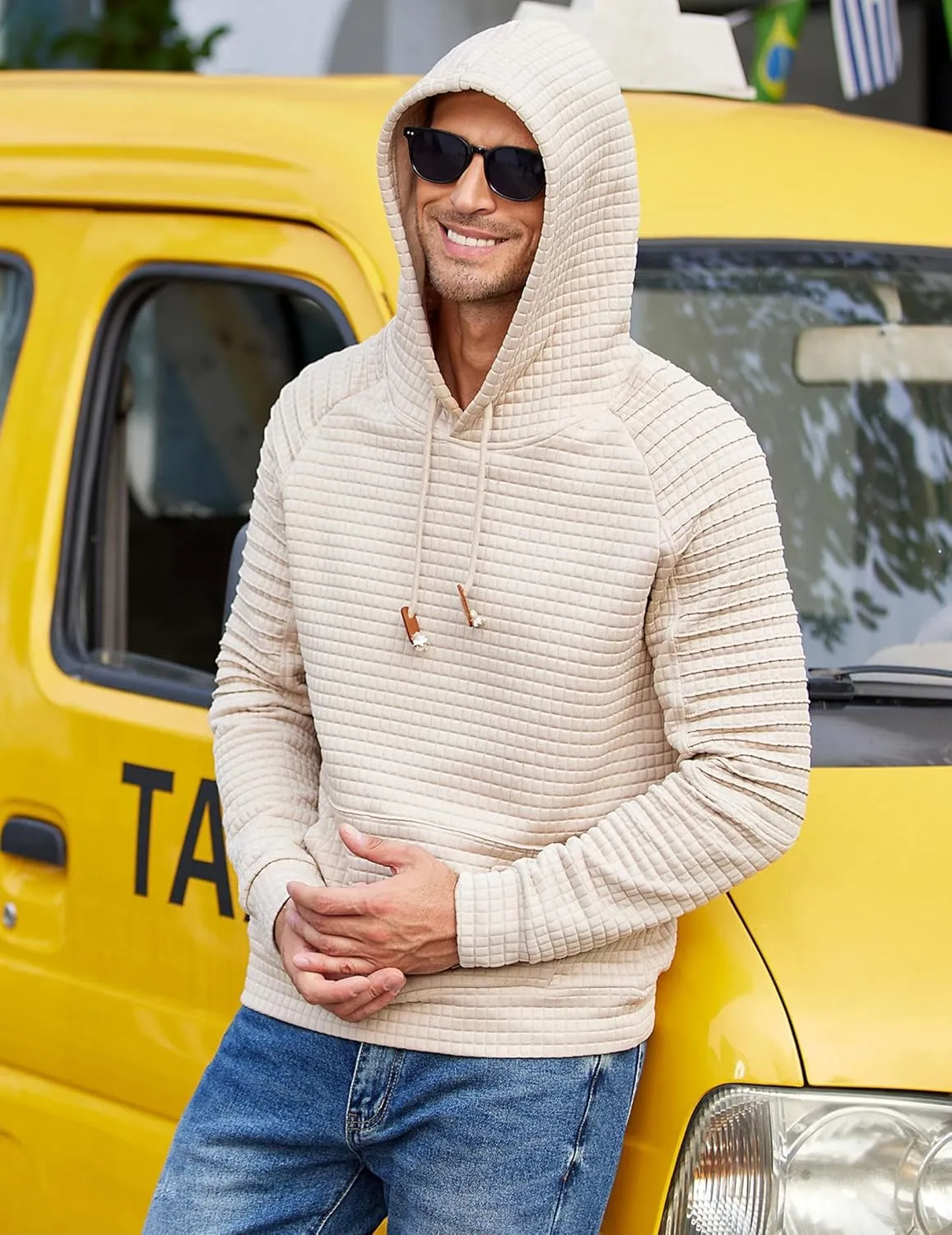 COOFANDY Mens Hoodies Pullover Casaul Long Sleeve Drawstring Waffle Knit Hooded Sweatshirt with Kanga Pocket