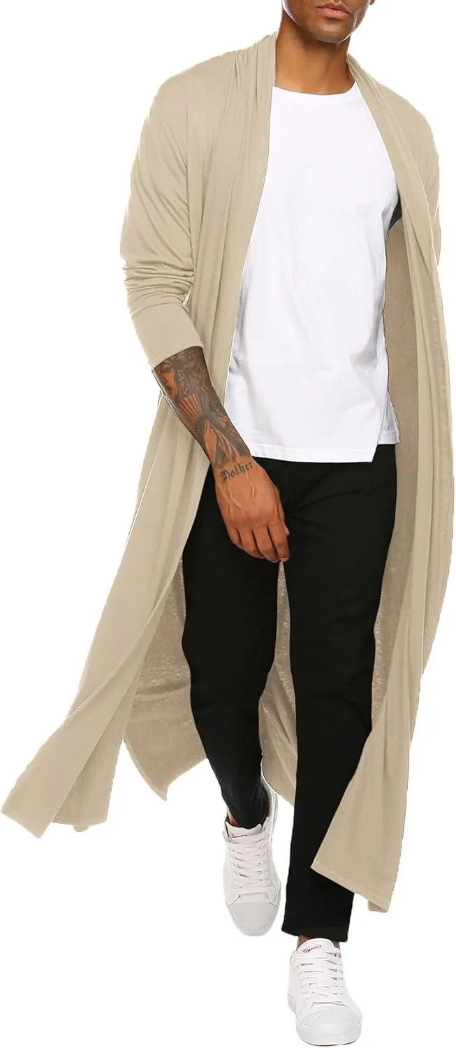 COOFANDY Men's Lightweight Ruffle Shawl Collar Cardigan Open Front Long Length Drape Cape Overcoat