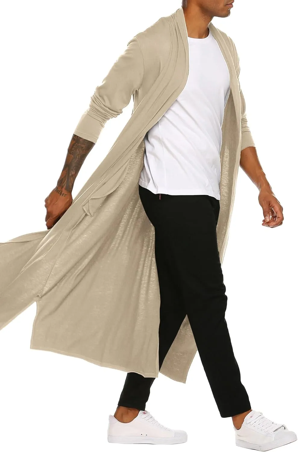 COOFANDY Men's Lightweight Ruffle Shawl Collar Cardigan Open Front Long Length Drape Cape Overcoat