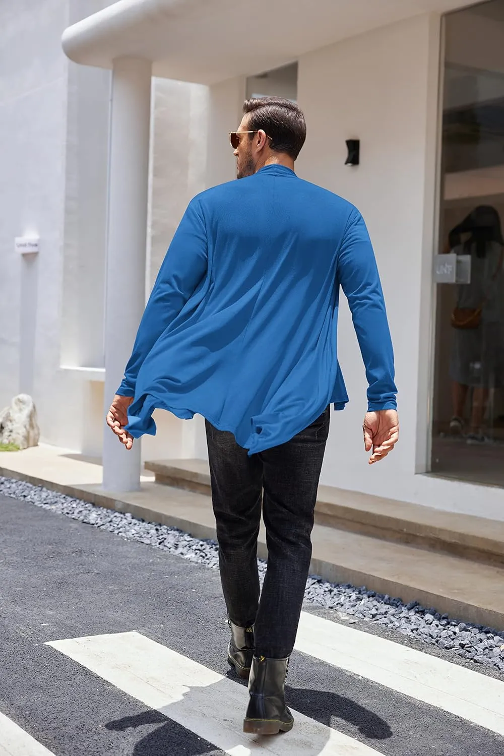 COOFANDY Men's Long Cardigan Ruffle Shawl Collar Lightweight Open Front Drape Cape Overcoat with Pockets