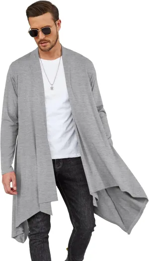 COOFANDY Men's Long Cardigan Ruffle Shawl Collar Lightweight Open Front Drape Cape Overcoat with Pockets