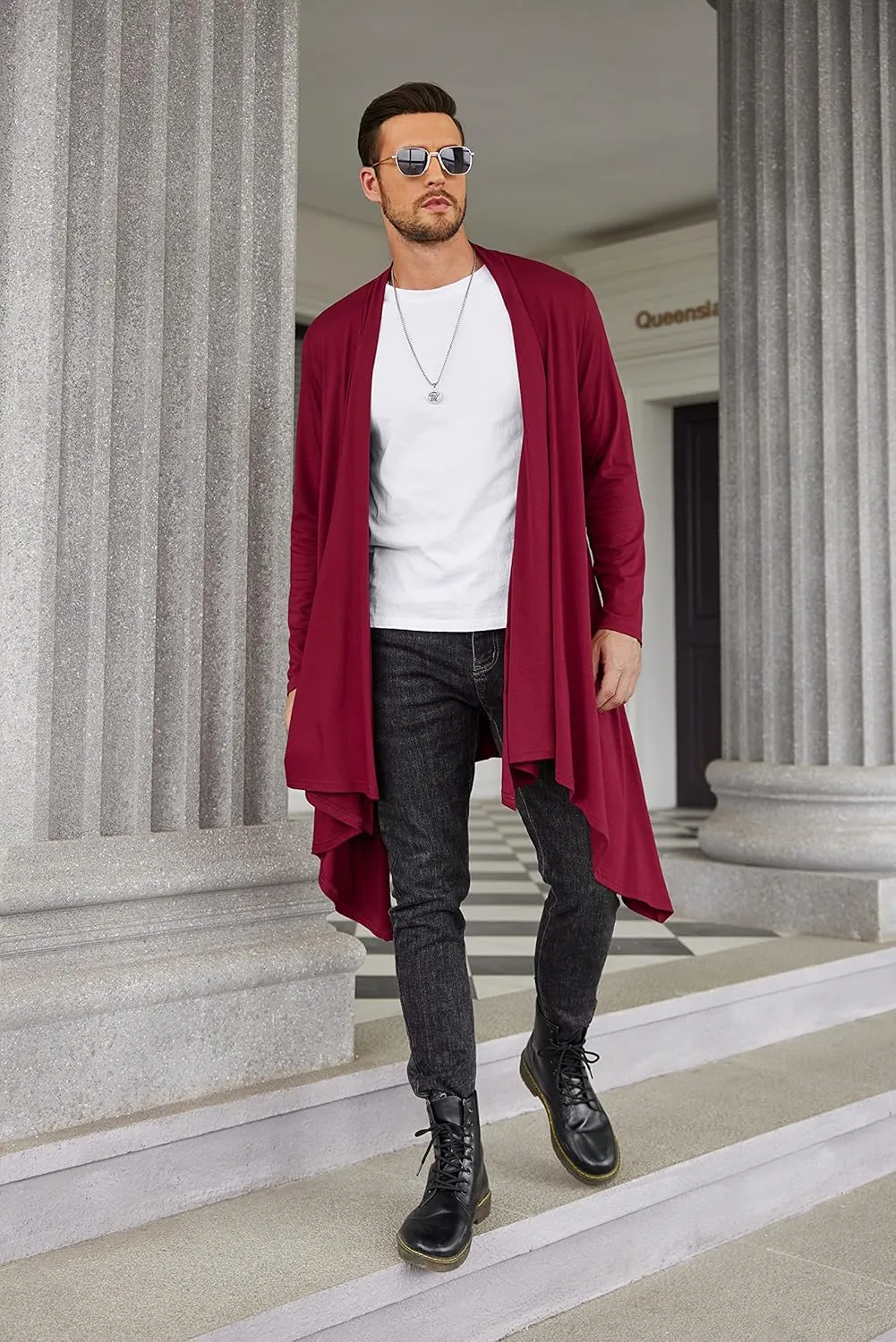 COOFANDY Men's Long Cardigan Ruffle Shawl Collar Lightweight Open Front Drape Cape Overcoat with Pockets
